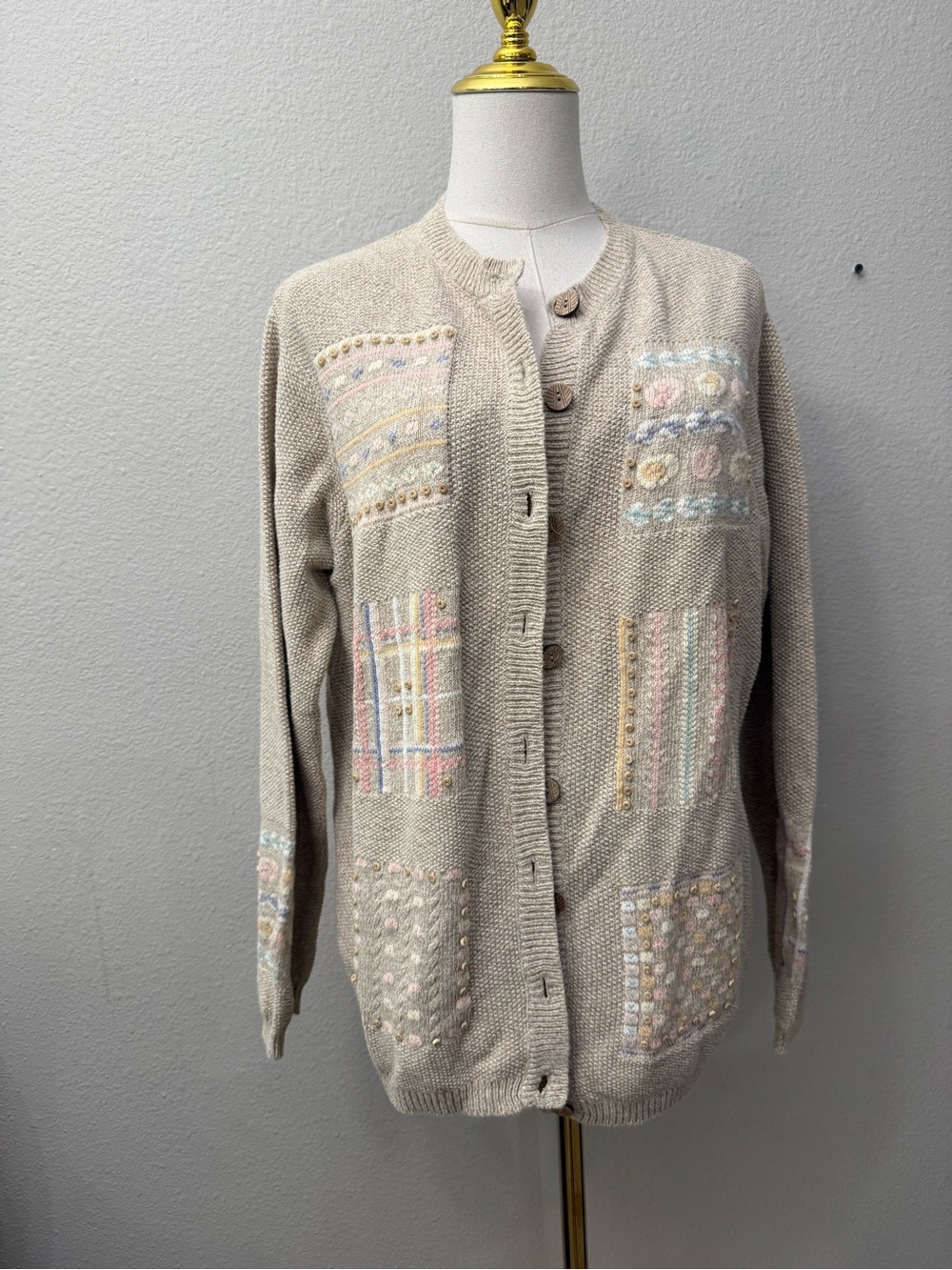 Monterey by Koret Beige Patchwork Embroidered Button-Front Cardigan Vintage